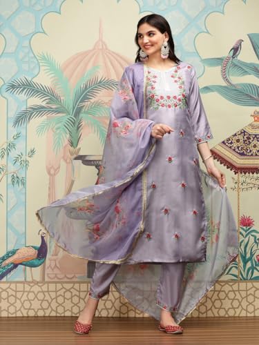 Ishin Floral Embroidered Thread Work Silk Chiffon Straight Kurta With Trousers & Dupatta | Kurta Set For Women | Kurta With Trou