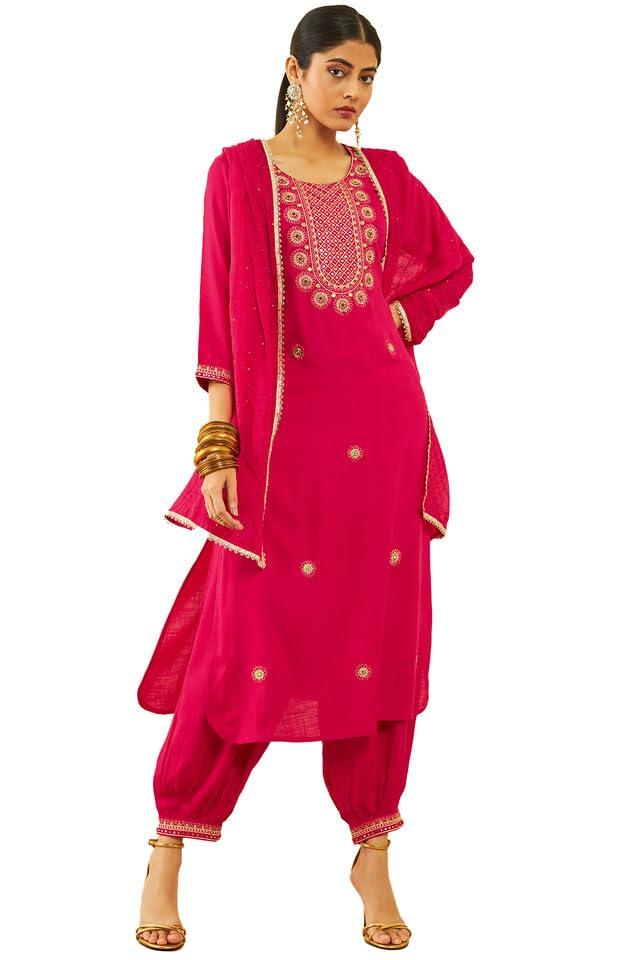 Soch Women Rayon Slub Floral Embroidered Salwar Suit Set with Dupatta