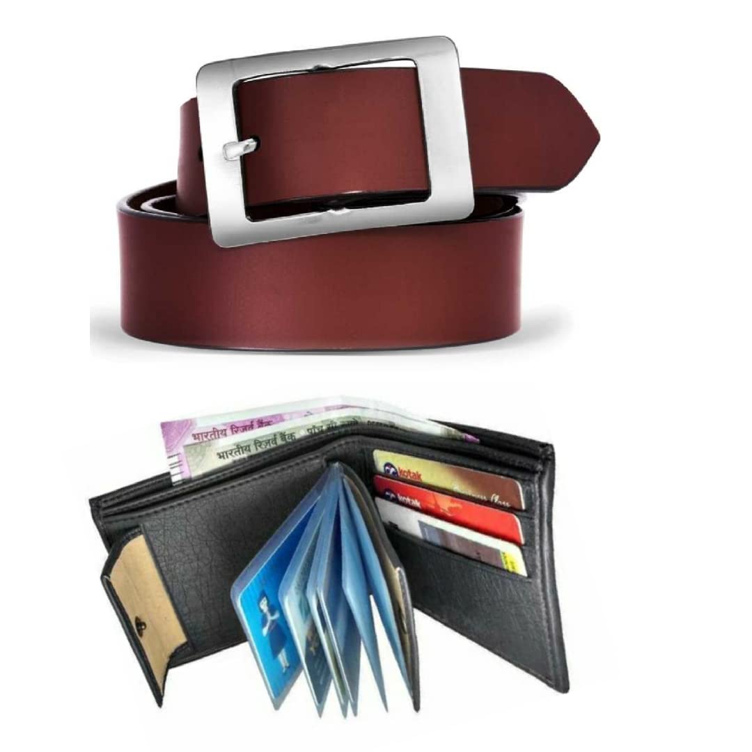 Men Belt & Wallet Combo Set For Men , Gift Set For Men , Gift Hamper For Birthday Or Other Occasion For Men (Brown) 34