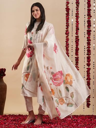 ANNI DESIGNER Womens Rayon Blend Straight Printed Kurta with Pant & Dupatta (MERLINO Cream_M_Cream_Medium)