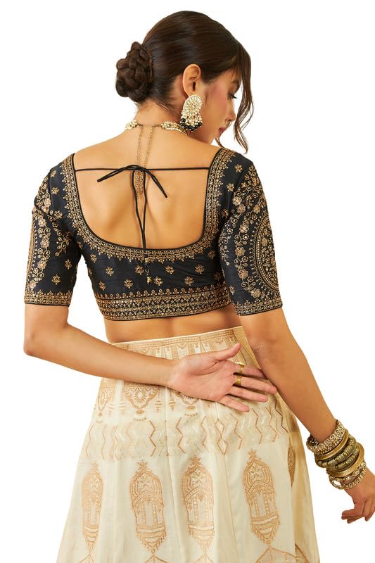 Soch Womens Black Tussar Embroidered Front-Open Blouse With Sequin Embellishments