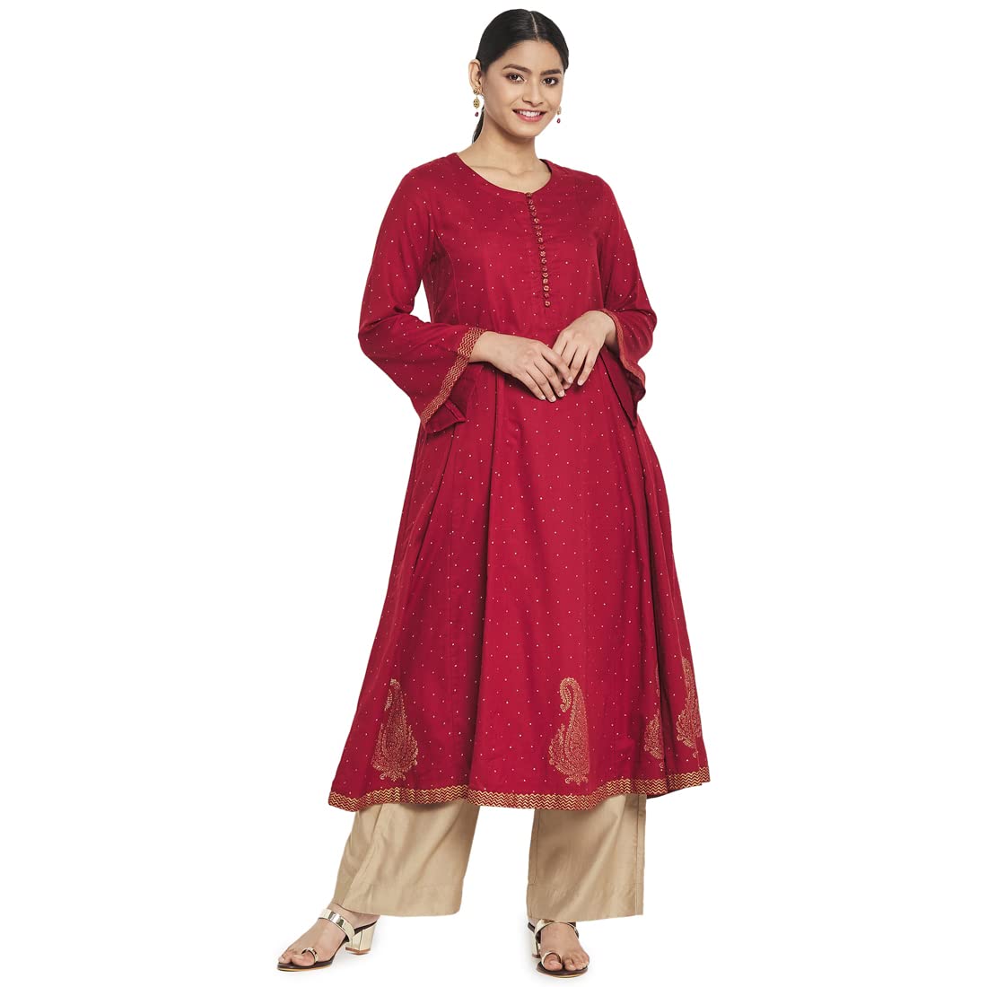 Fabindia Women Cotton Hand Block Print Long Kurta Maroon_M