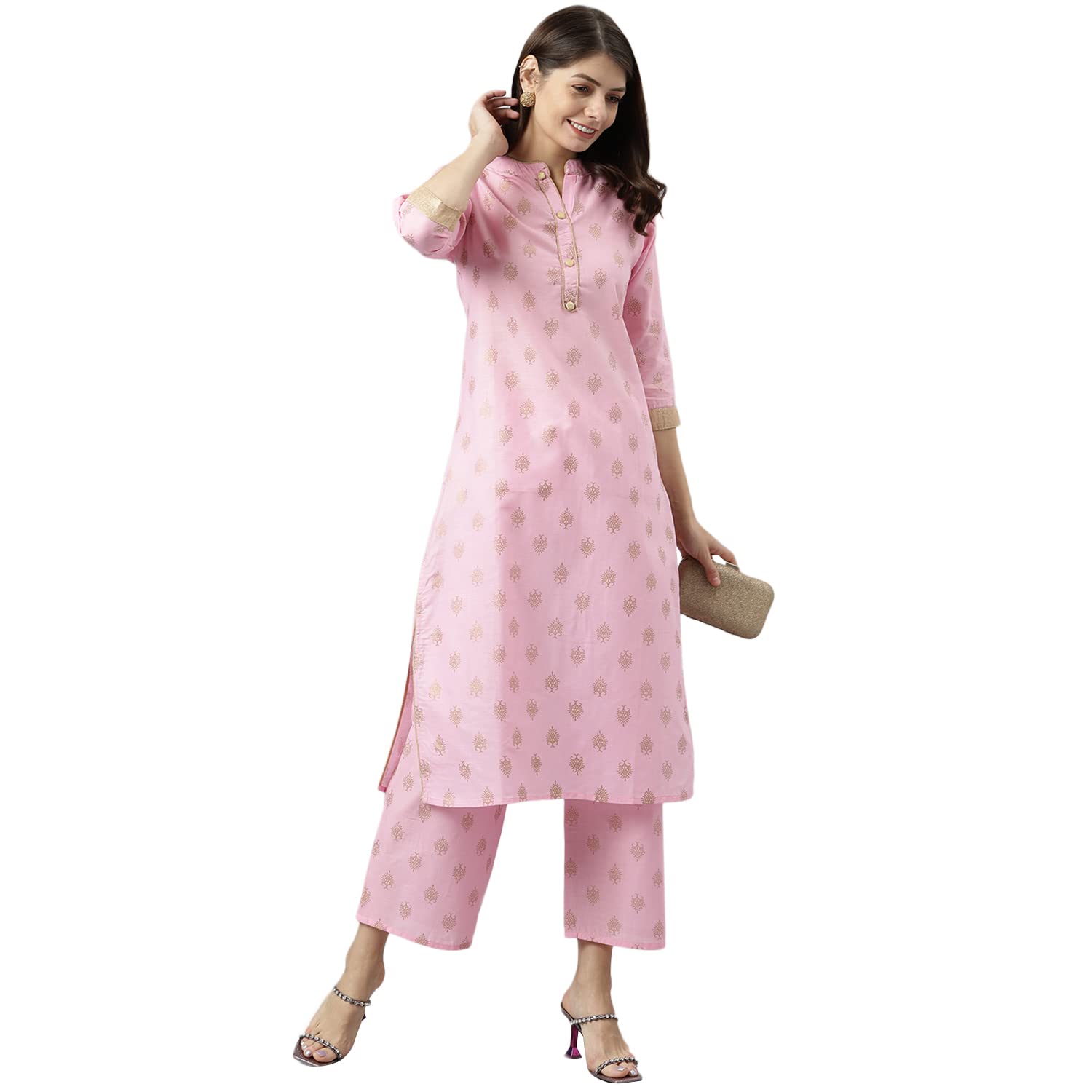 Anni Designer WomenS Polycotton Straight Printed Kurta With Palazzo (Kinju Pink_M_Pink_Medium)