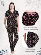 Lyra WomenS Cotton Shirt And Pyjama Printed Night Suit Black