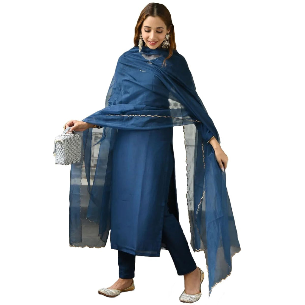 Anni Designer WomenS Cotton Blend Solid Straight Kurta With Pant & Dupatta (Jita Blue_M_Blue_Medium)
