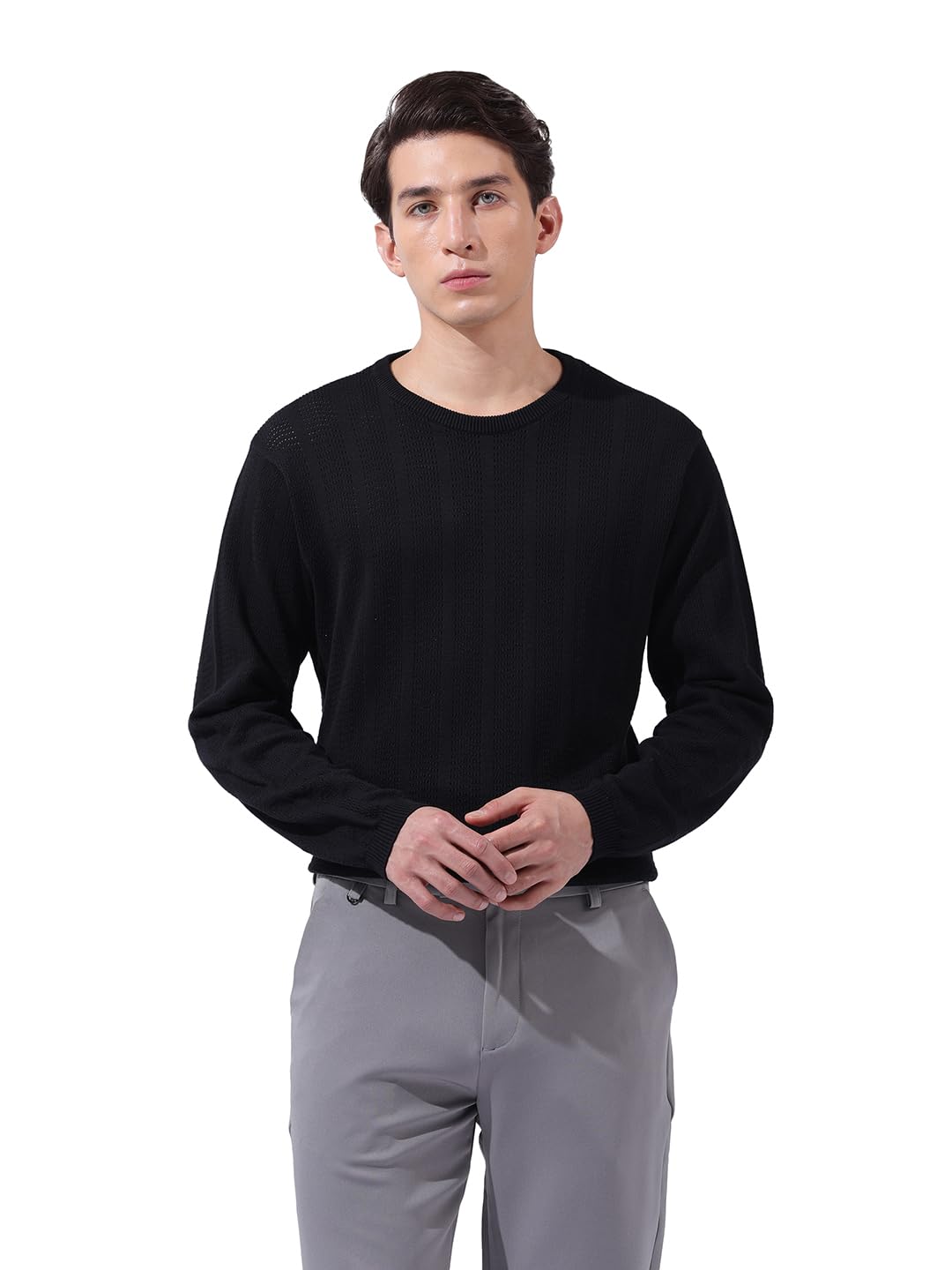 The Indian Garage Co Mens Slim Fit Textured Flatknit Full Sleeves Crew Neck T-Shirt