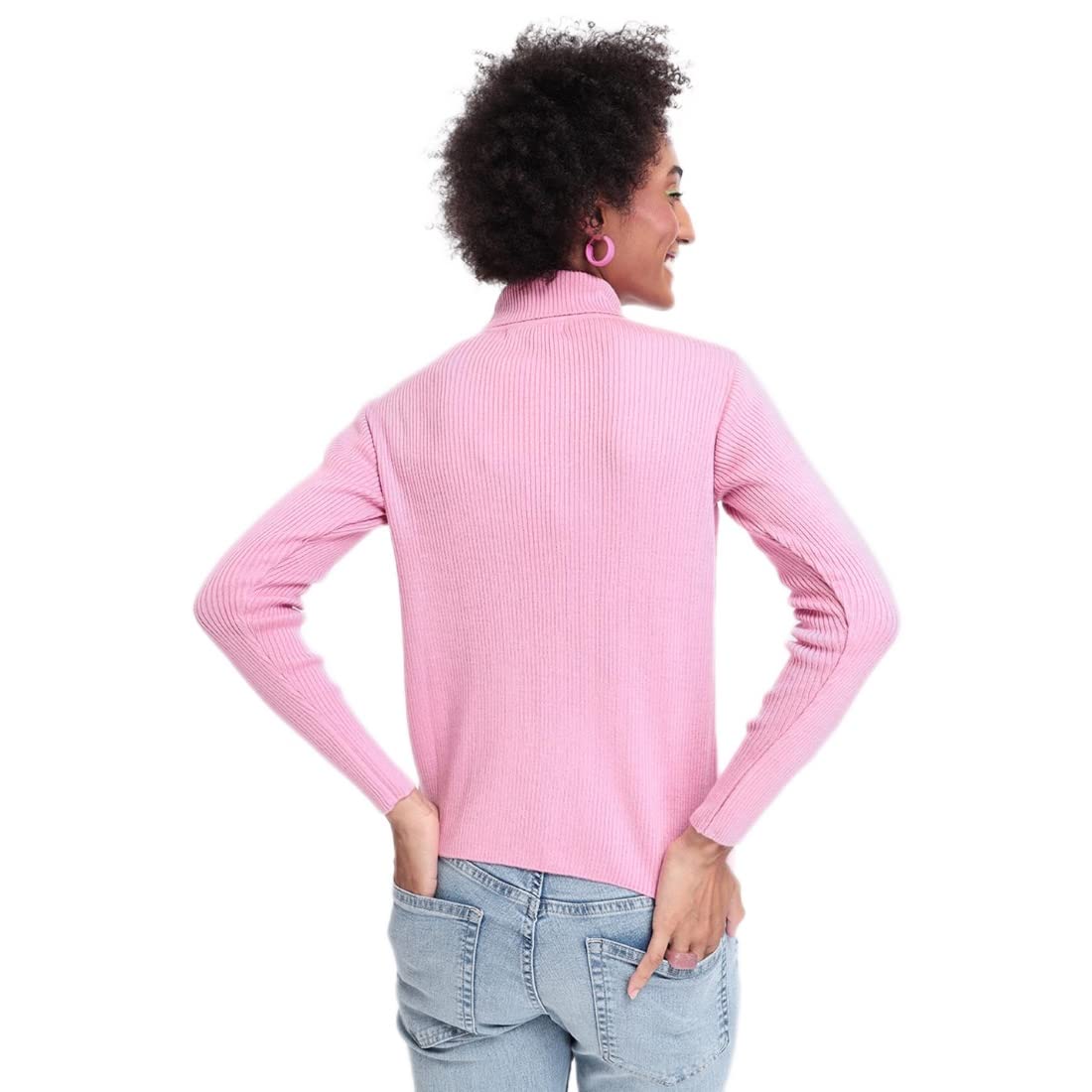 Bewakoof Womens Solid Regular Fit Full Sleeve High Neck Acrylic Sweater Pink