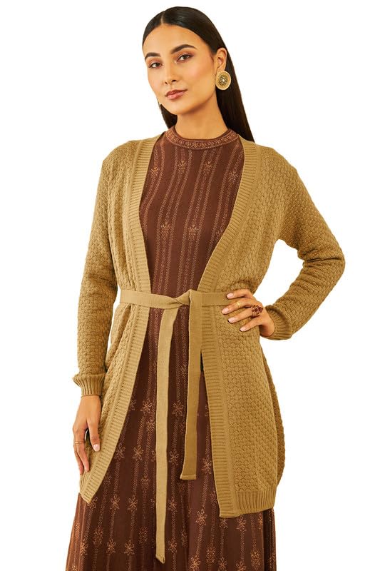 Soch Women Acrylic Knitted Open-Front Longline Shrug with Waist Tie-Up