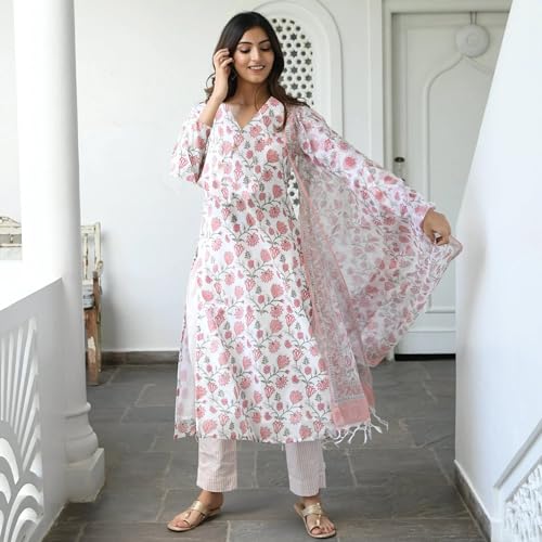 ANNI DESIGNER Womens Cotton Blend Straight Printed Kurta with Pant & Dupatta (Mogri White_XXL_White_XX-Large)