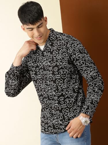 Thomas Scott Mens 100% Cotton Printed Regular Fit Casual Shirt - Black