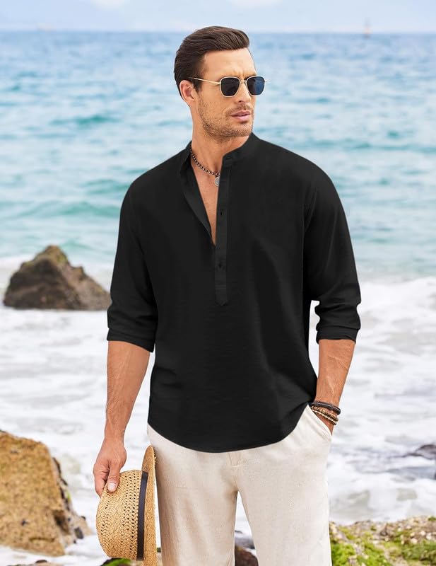 Macsivo MenS Casual Cotton Polyester Blend Long Sleeve Henley Short Kurta | Lightweight Summer Kurta Black