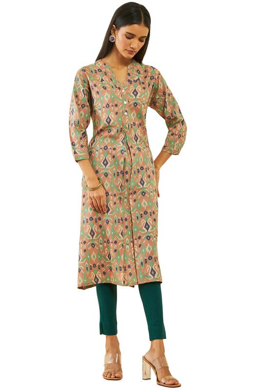 Soch Women Viscose Ikat Print Straight Kurta with Front Pleat