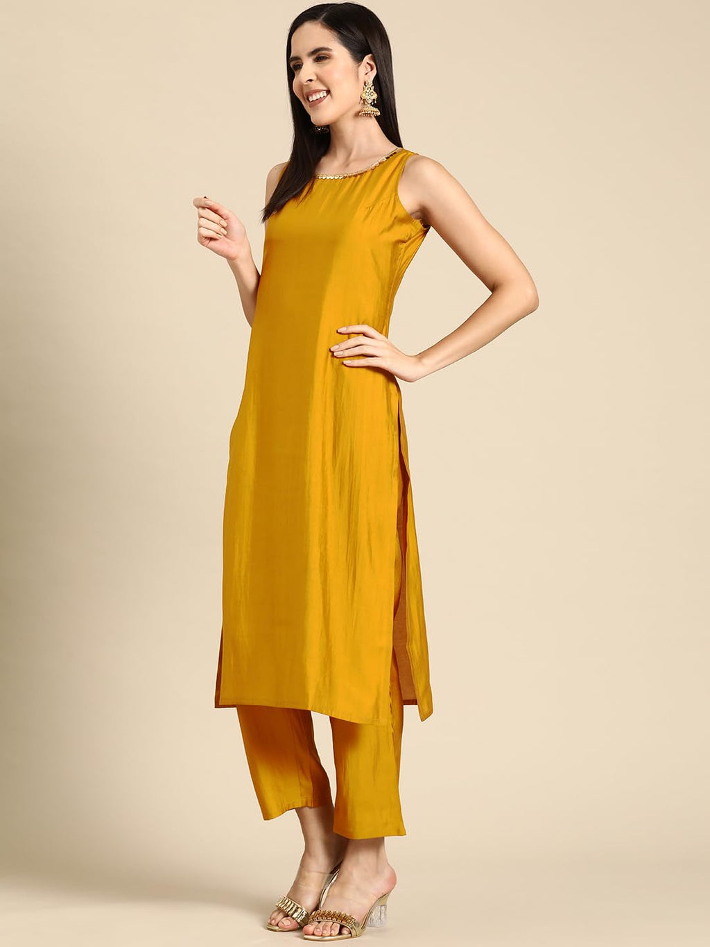 Libas Gerua Womens Solid Silk Blend Straight Kurta With Trousers And Dupatta