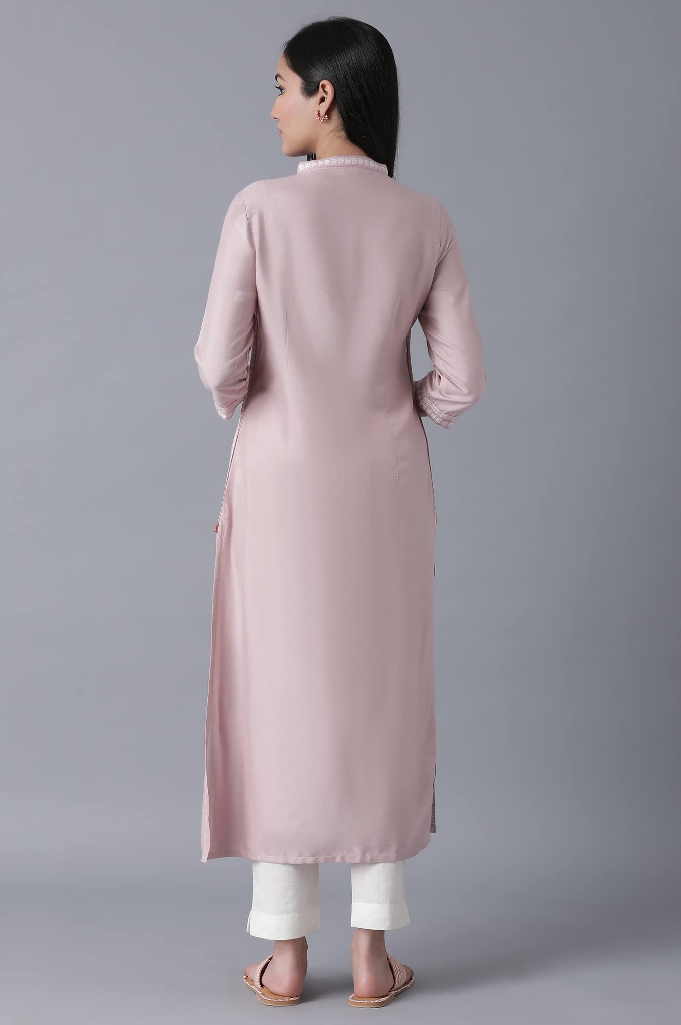 W For Woman Light Pink Floral Printed Regular Kurta With Beads