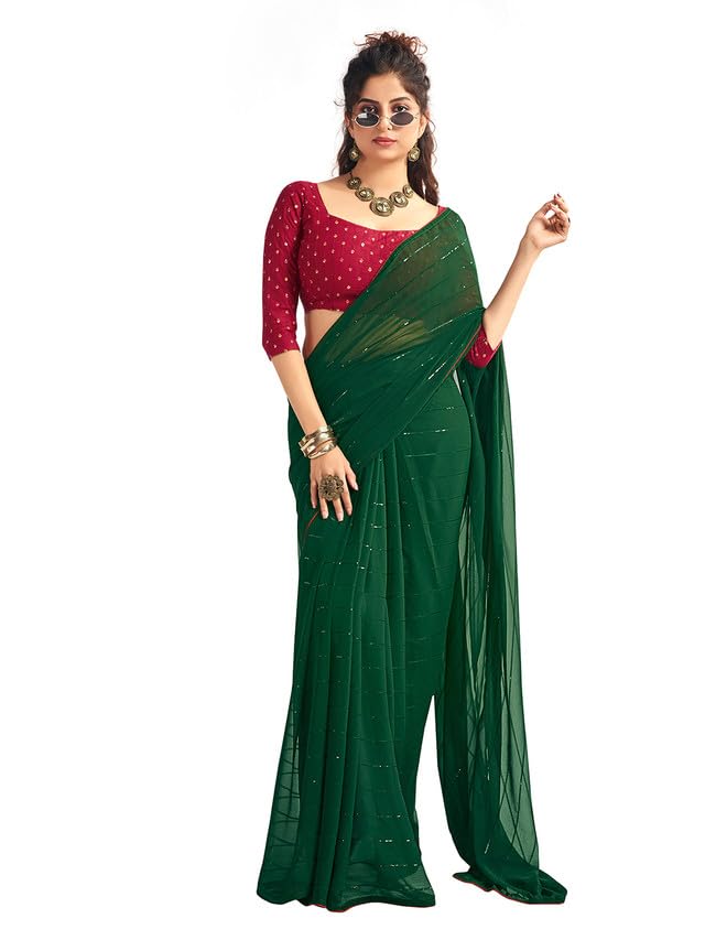Satrani Womens Georgette Sequence Work & Piping Border Saree with Unstitched Blouse Piece (3475S704N_Dark Green)