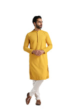 Manyavar Kurta Set For Men, Full Sleeves Mandarin Collar Ethnic Kurta Set For Engagement, Wedding, Party Blended Cotton (Mustard