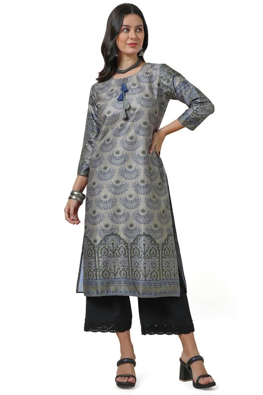 Soch Womens Grey Abstract Print Kurta With Tassels