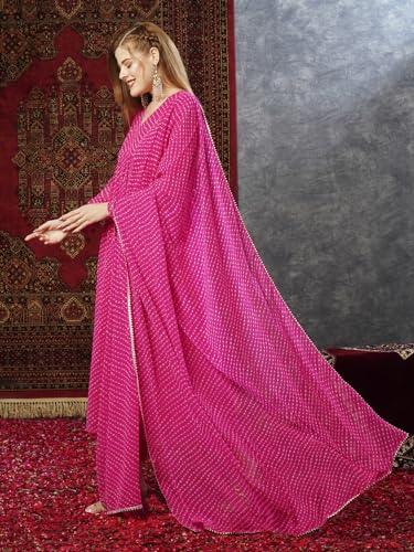ANNI DESIGNER Womens Georgette Lehariya Printed Anarkali Kurta with Pant & Dupatta (MOTHDA-Pink-JL_XL_Pink_X-Large)