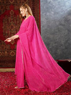 ANNI DESIGNER Womens Georgette Lehariya Printed Anarkali Kurta with Pant & Dupatta (MOTHDA-Pink-JL_XL_Pink_X-Large)