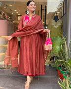ANNI DESIGNER Womens Rayon Viscose Embroidered Anarkali Kurta with Pant & Dupatta (BRICS Rust_L_Rust_Large)