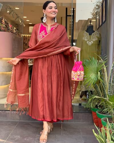ANNI DESIGNER Womens Rayon Viscose Embroidered Anarkali Kurta with Pant & Dupatta (BRICS Rust_L_Rust_Large)