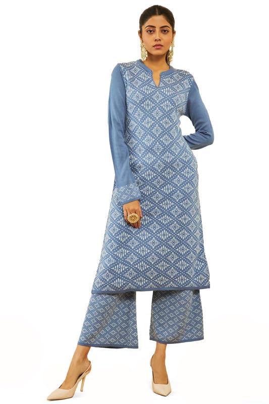 Soch Womens Blue Acrylic Geometric Pattern Knitted Winter Straight Kurta Set