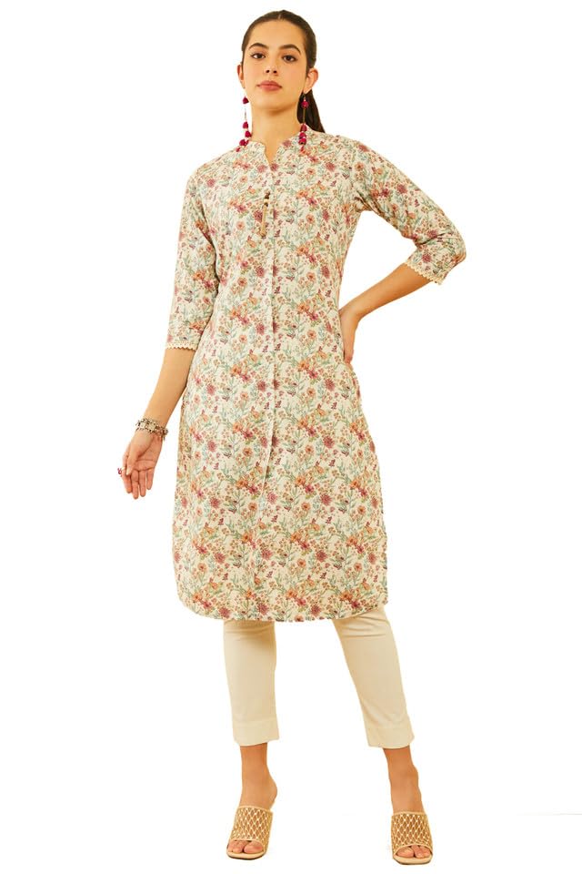 Soch Women Poly Cotton Floral Printed Straight Kurta with Tassels
