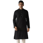 Kisah Men Midnight Black Kurta Full Sleaves, Knee Length, Straight, Regular Fit, Mandarin Collar Ethnic Wear