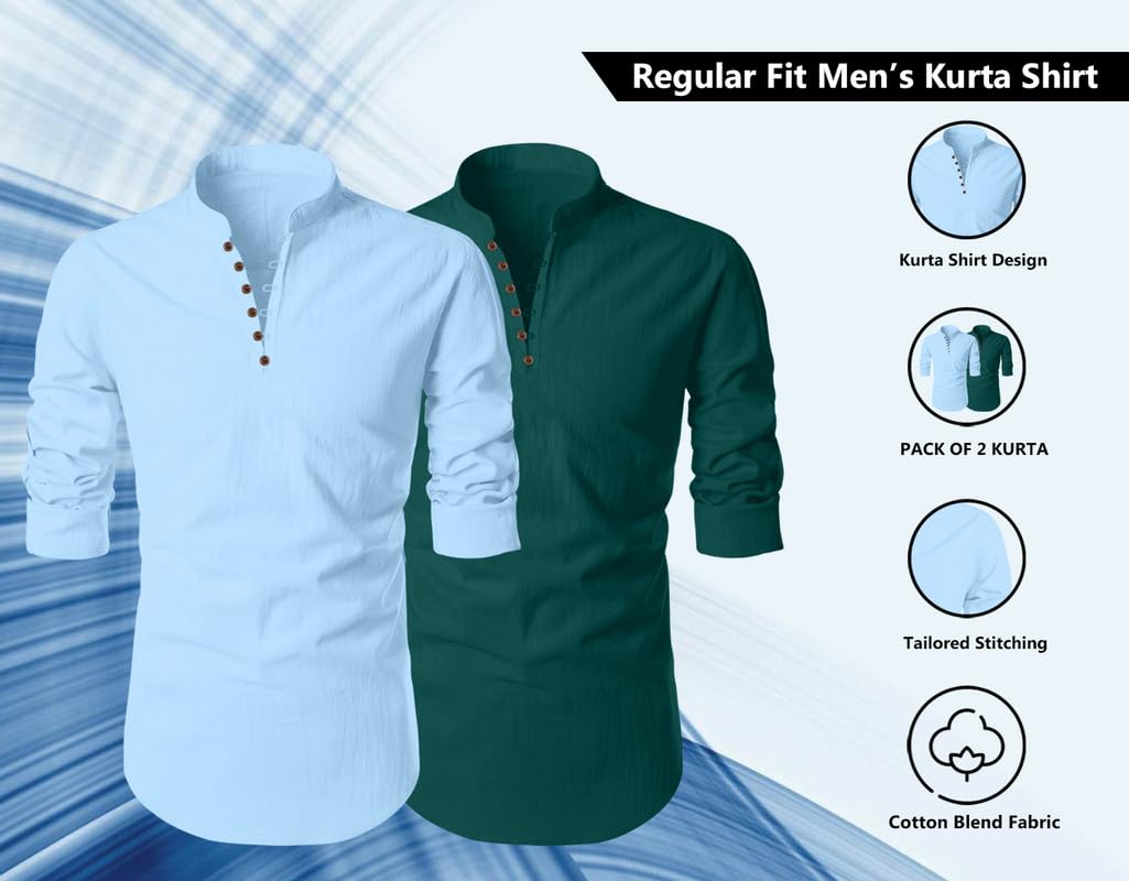 Finivo Fashion MenS Cotton Blend Regular Fit Solid Casual Kurta Shirt Pack Of 2