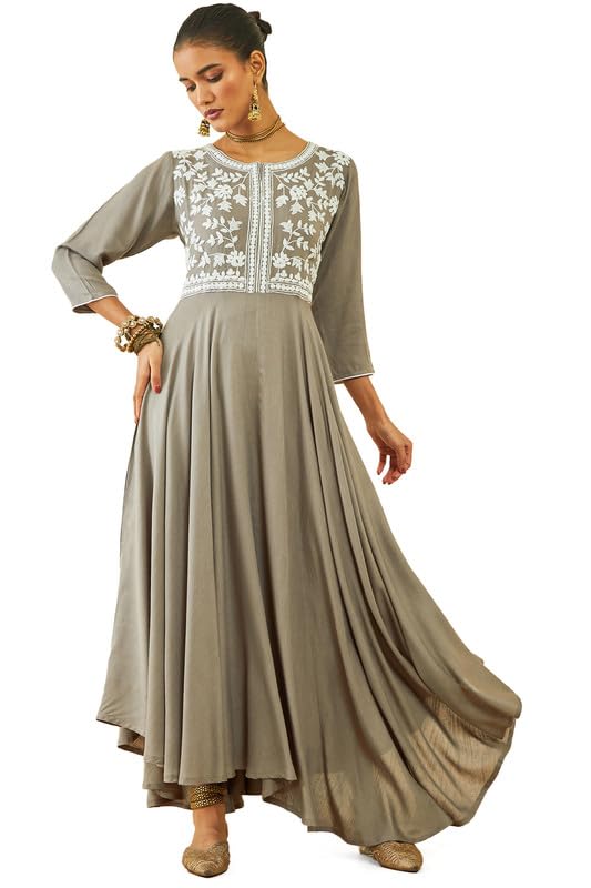 Soch Women Viscose Dori Embroidered Round-Neck Ankle-Length Flared Dress
