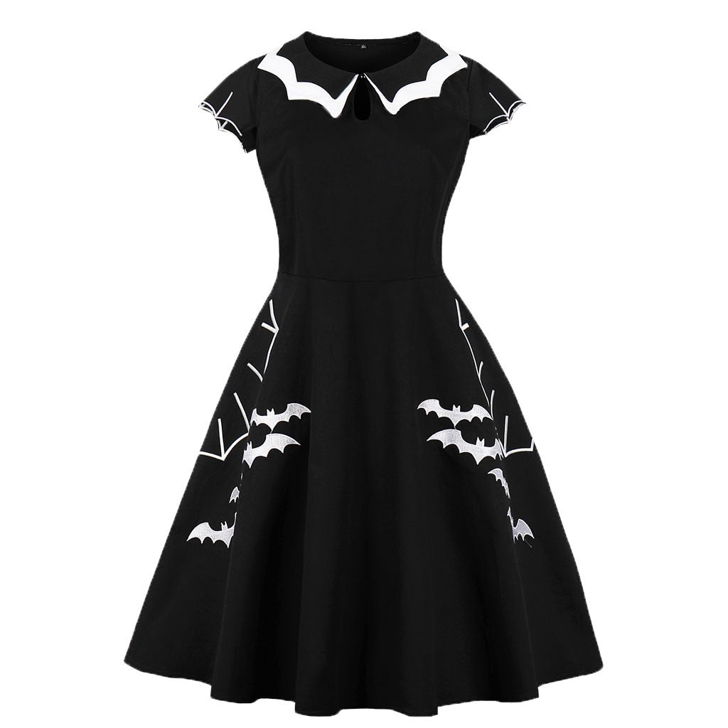 Wellwits Women 's Spider Net Neck Bat Embroidery Halloween Vintage Dress Black M