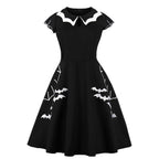 Wellwits Women 's Spider Net Neck Bat Embroidery Halloween Vintage Dress Black M