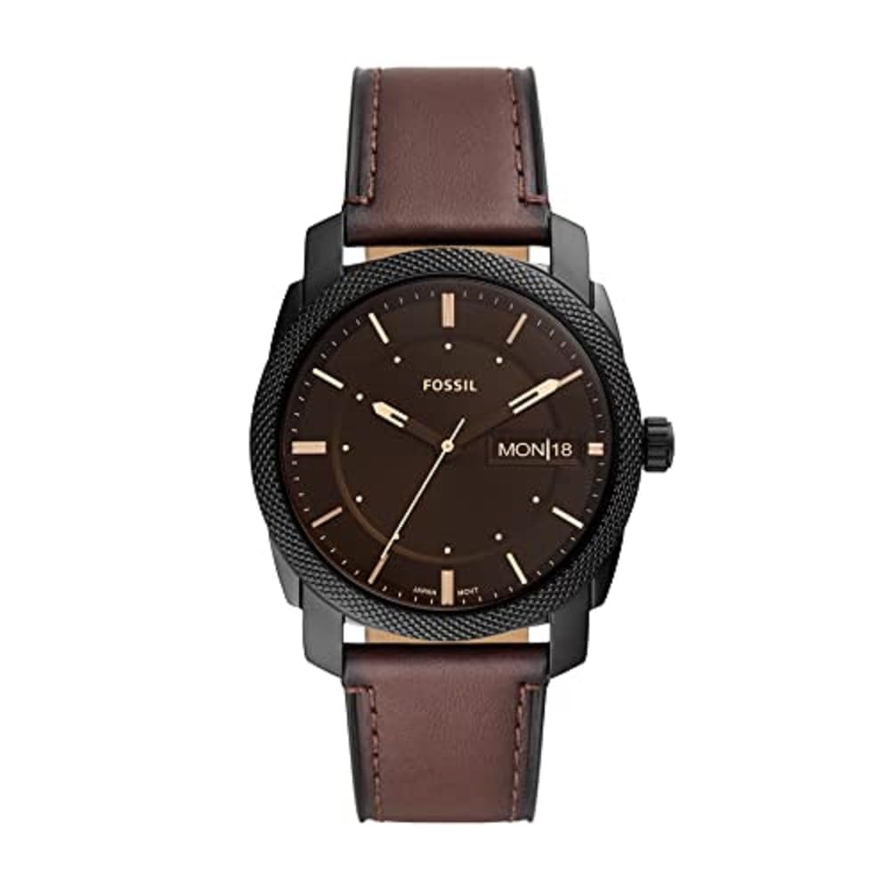 Fossil Men's Machine Quartz Stainless Steel and Leather Three-Hand Watch, Color: Black, Dark Brown (Model: FS5901)