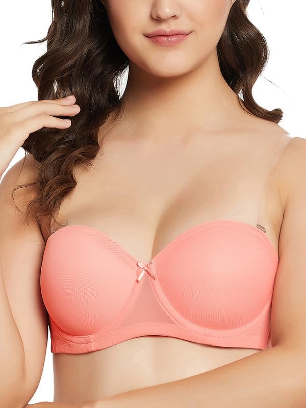 Clovia Womens Cotton Padded Underwired Demi Cup Strapless T-Shirt Bra with Transparent Straps & Band (BR1925P34_Orange_42B)