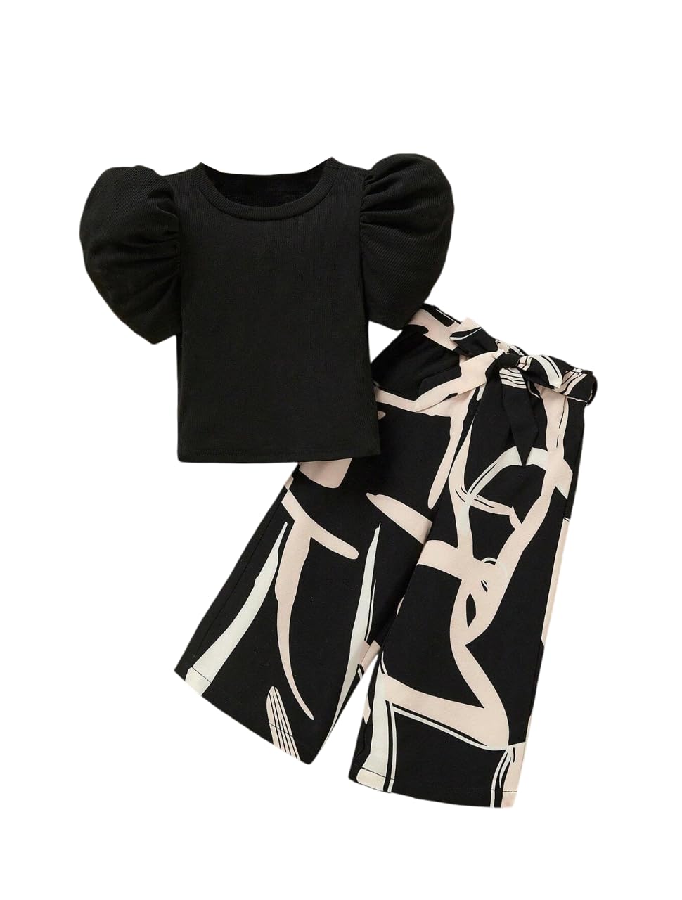 TAGAS Girl Summer Casual Top Puff Sleeve and Printed Long Pants 2pcs Outfit || Two-Piece Set FOR GIRLS || girls dress ||Clothing