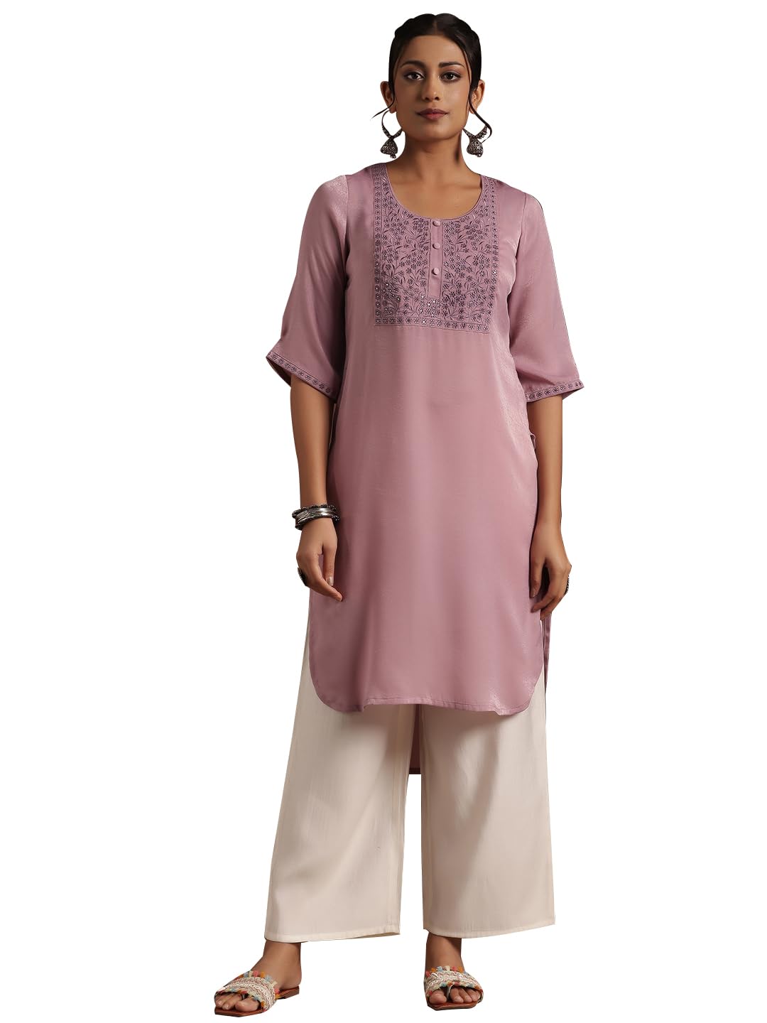 Libas Womens Yoke Design Polyester Straight Kurta For Women Lavender