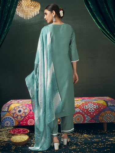 Sanisa Women'S Viscose Chanderi Embroidery Work Straight Kurta With Pant And Dupatta Set