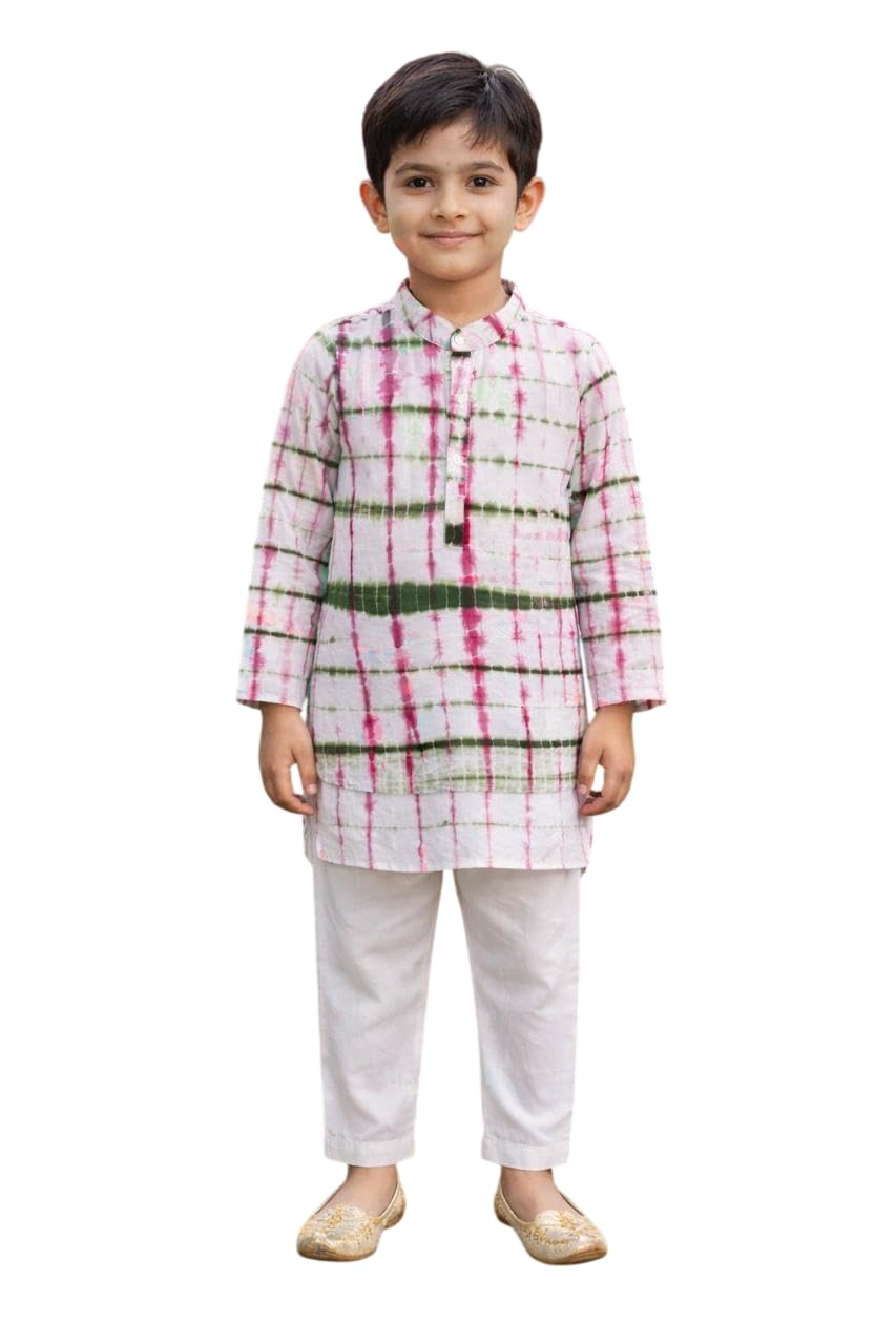 Pspeaches Boys Cotton Full Sleeve Mandarin Collar Shibori Pattern Kurta With Pyjamas 2 Piece Set|Ethnic Wear For Kids Boys|Tradi 15-16