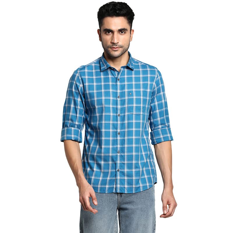 Turtle Men Cotton Blue Slim Fit Checked Formal Shirts