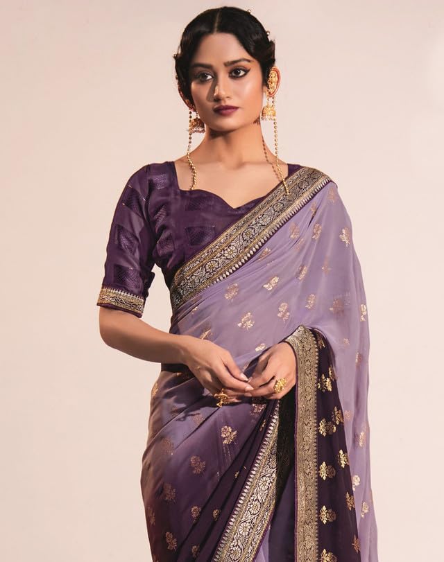 Satrani Womens Georgette Lace & Foil Printed Saree with Unstitched Blouse Piece