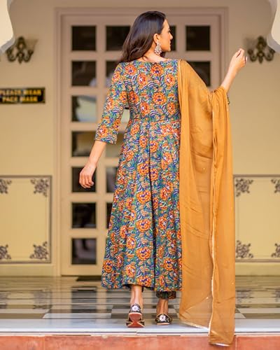 ANNI DESIGNER Womens Rayon Blend Bagru Printed Anarkali Kurta with Pant & Dupatta (Locket-Multi_XXL_Mustard_XX-Large)