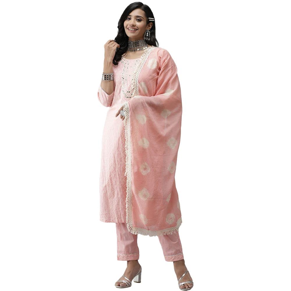 Anubhutee Women'S Cotton Pink Yoke Design Straight Kurta Suit Set With Palazzo And Dupatta