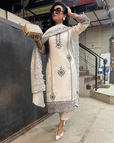 ANNI DESIGNER Womens Rayon Blend Straight Embroidered Kurta with Pant & Dupatta (TRP Off-White-NW_S_White_Small)