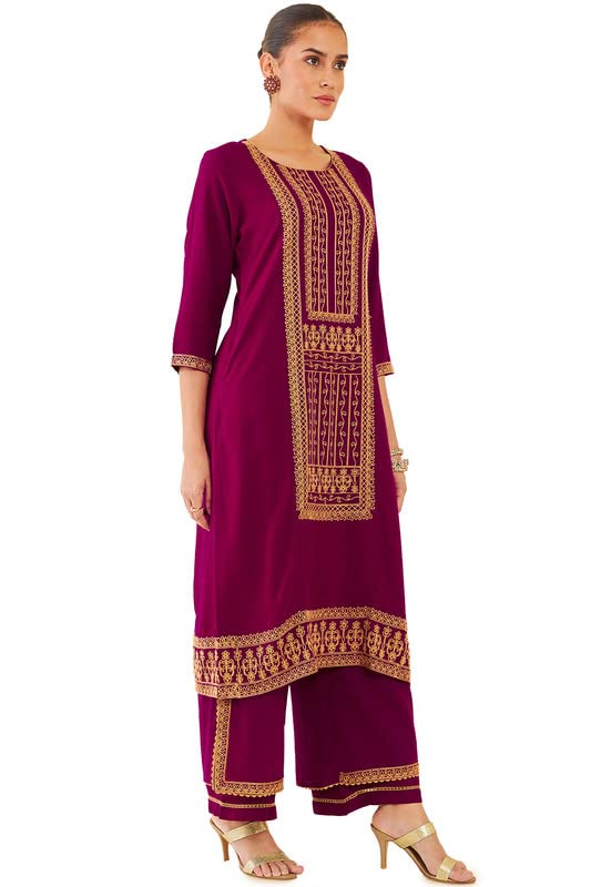 Soch Women Magenta Rayon Straight Embroidered Kurta With Layered Palazzo And Lace Insertion