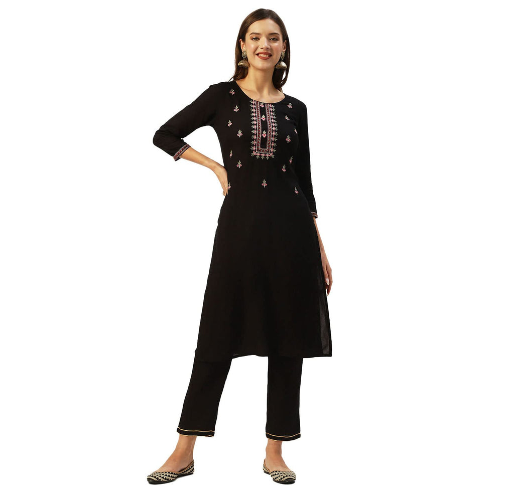 Anubhutee Women'S Rayon Black Thread Work Floral Embroidered Straight Kurta Suit Set With Pants