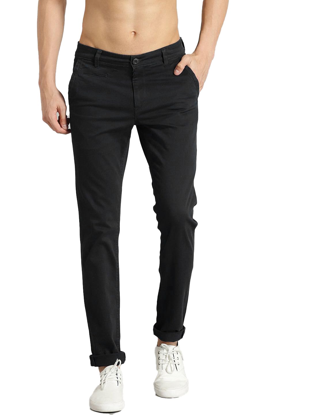 Men Solid Black MidRise Chinos | Button Closure | Classic 5Pocket Casual Trousers 32