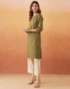 Fabindia WomenS Cotton Embroidered Regular Fit Kurta (1039126Olive_Olive