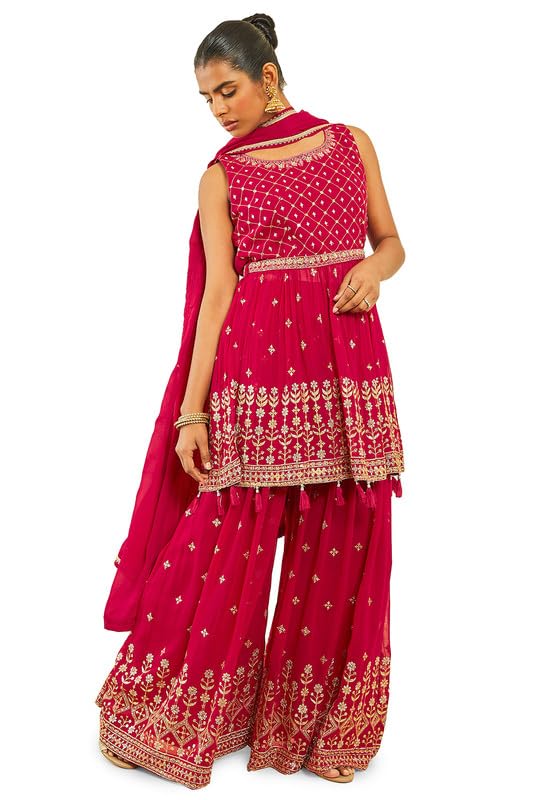 Soch Women Georgette Floral Embroidered Suit Set with Flared Palazzo
