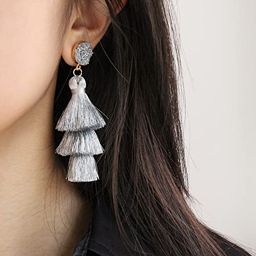 Me&Hz Layered Silver Tassel Earrings for Women Dangling parkling Long Statement Metallic Silver Fringe Earrings Bohemian Birthda