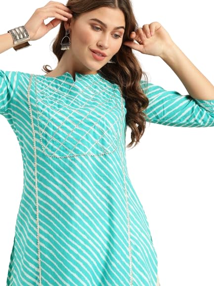 Varanga Turquoise And White Leheriya Printed Kurta With Gota Work On Yoke